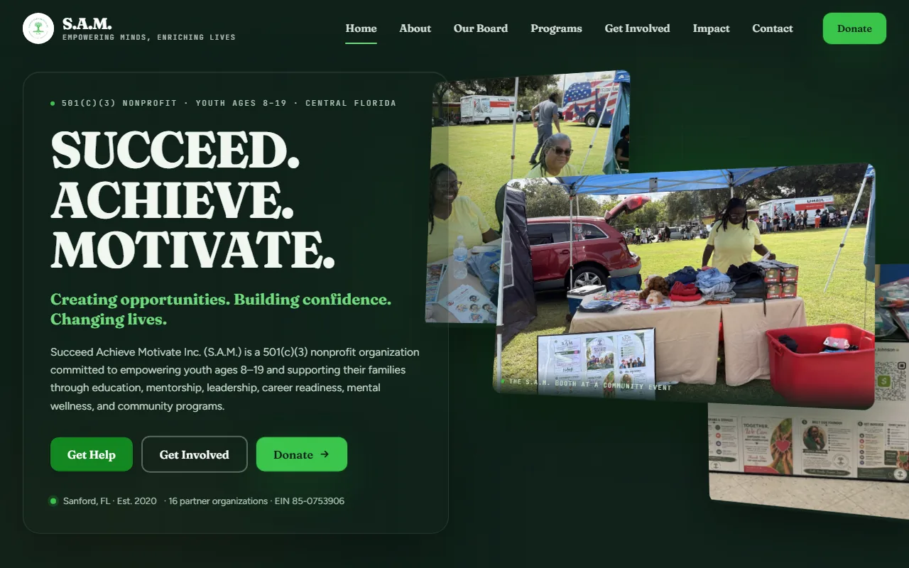 The S.A.M. website homepage, built by Setorra